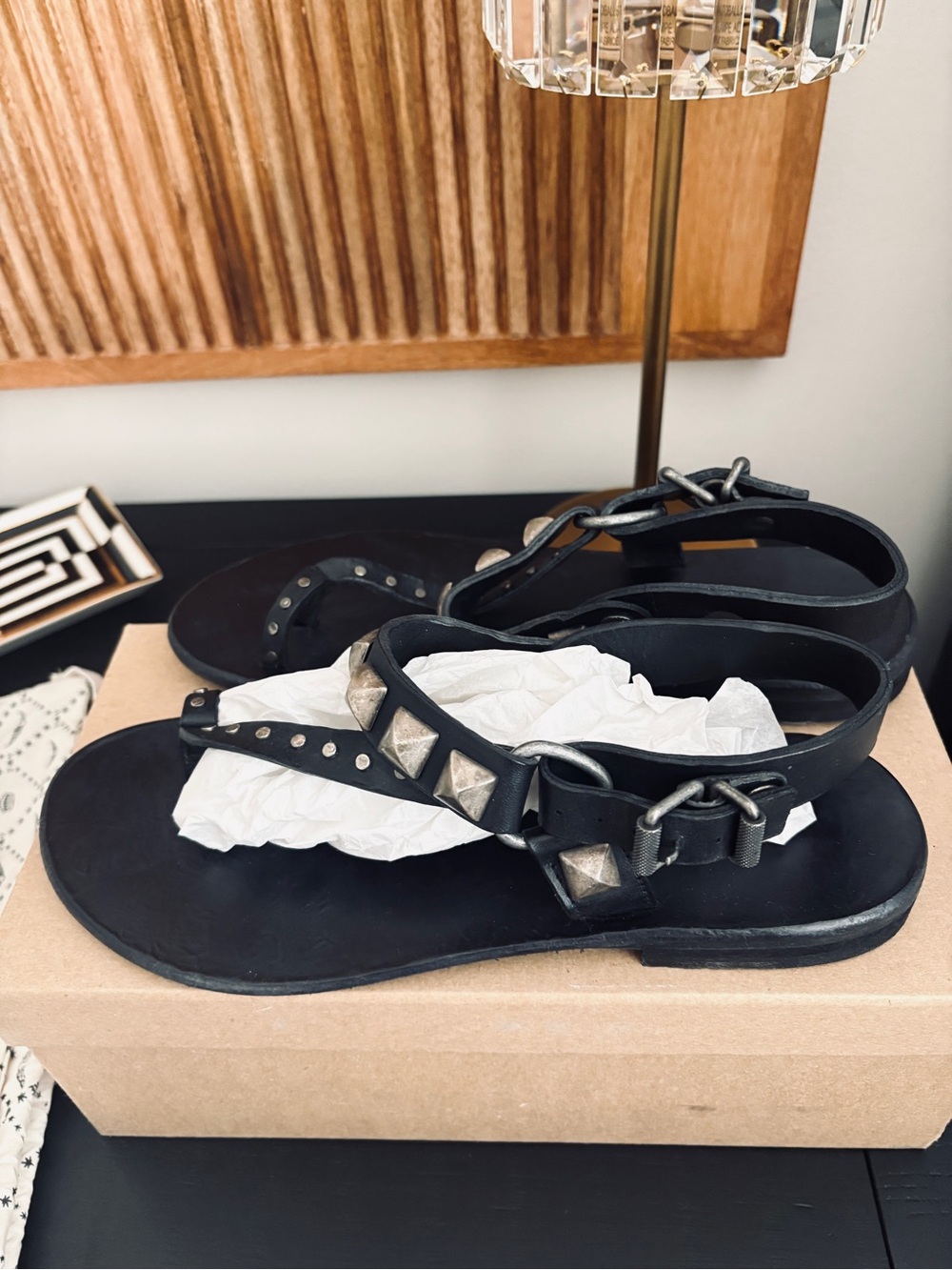 NWT Zadig & Voltaire Black Studded Leather T-Strap Sandals